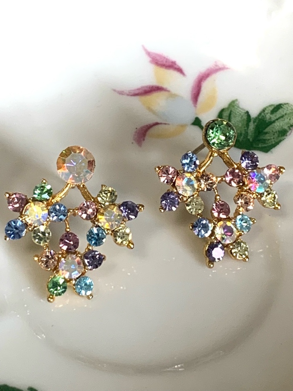 Vintage Multicolor Crystal Cluster Drop Earrings - Gold Tone